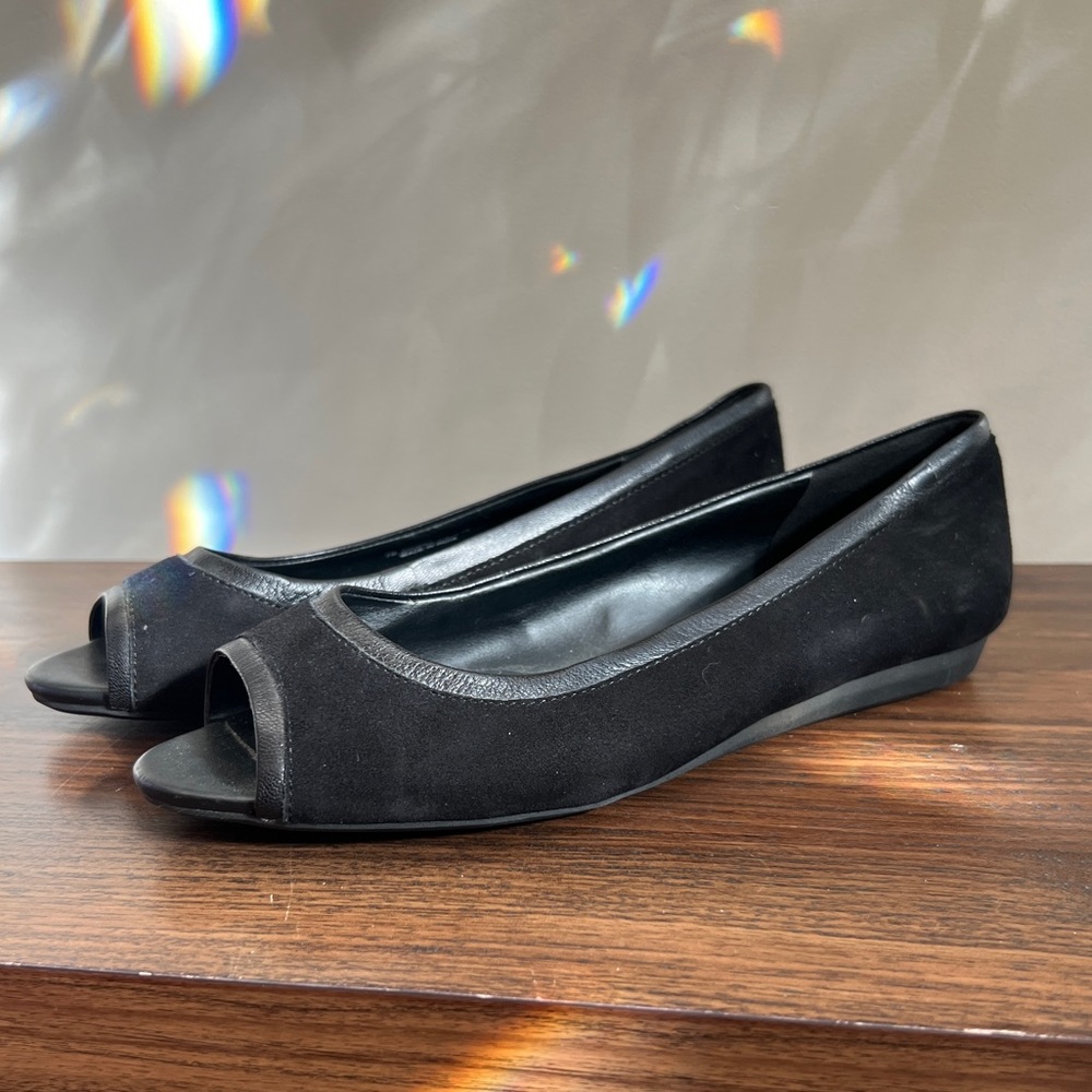 Cole Haan Black Suede Peep Toe Flats 7